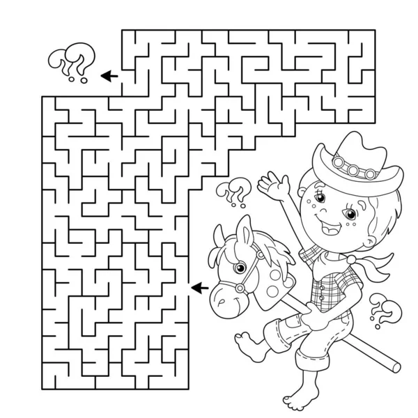 Maze Labyrinth Game Puzzle Coloring Page Outline Cartoon Boy Playing — Stock Vector