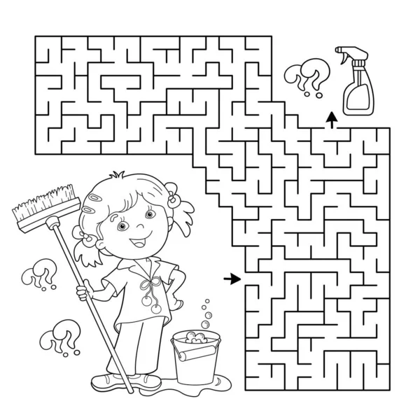 Labyrinth Oder Labyrinth Spiel Puzzle Malvorlagen Umriss Der Cartoon Mädchen — Stockvektor