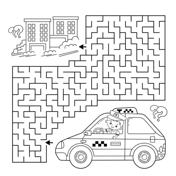 Labyrinthe Jeu Labyrinthe Puzzle Coloriage Aperçu Chauffeur Taxi Dessin Animé — Image vectorielle