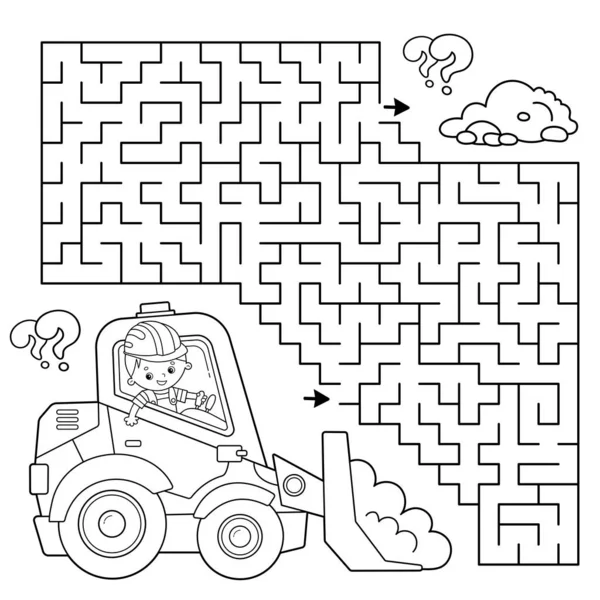 Maze Labyrinth Game Puzzle Coloring Page Outline Cartoon Bulldozer Construction — Stock Vector