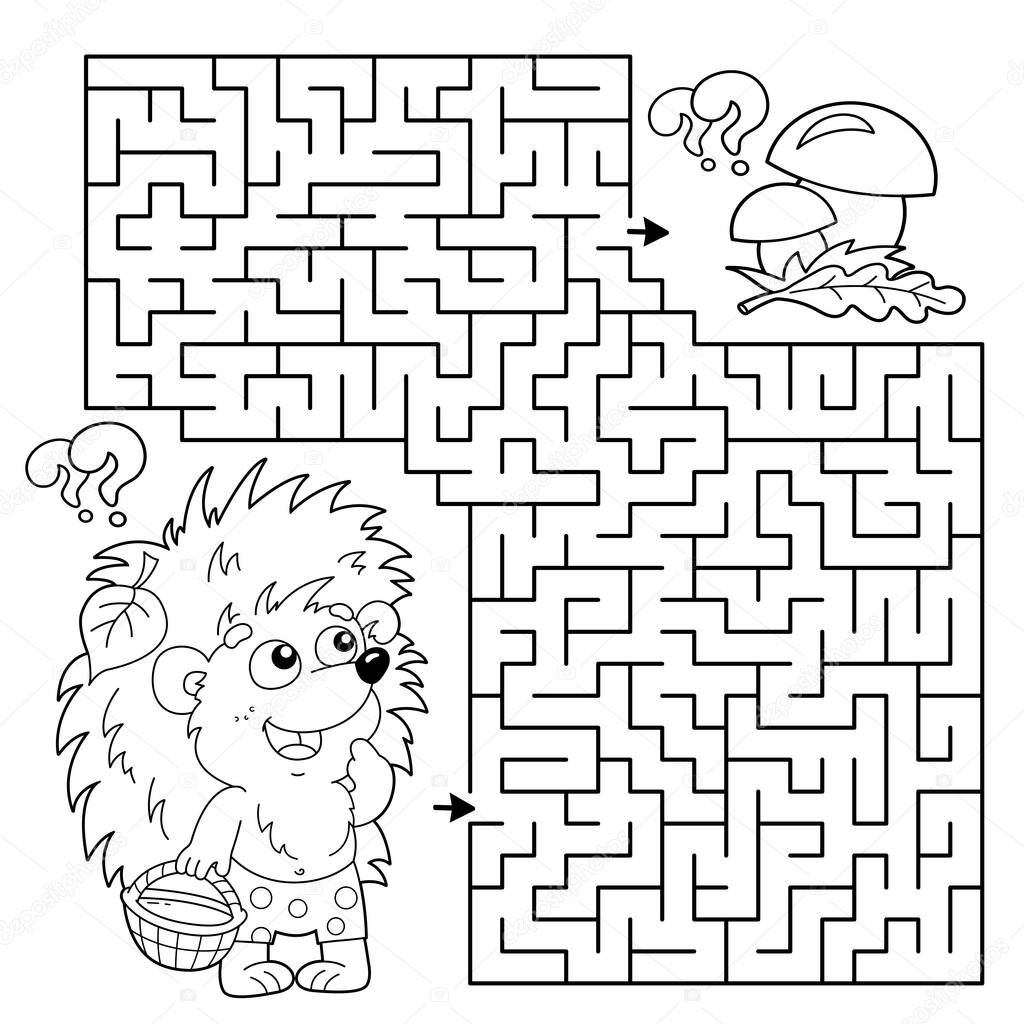 Maze or Labyrinth Game. Puzzle. Coloring Page Outline Of cartoon little hedgehog with basket of mushrooms. Coloring book for kids.