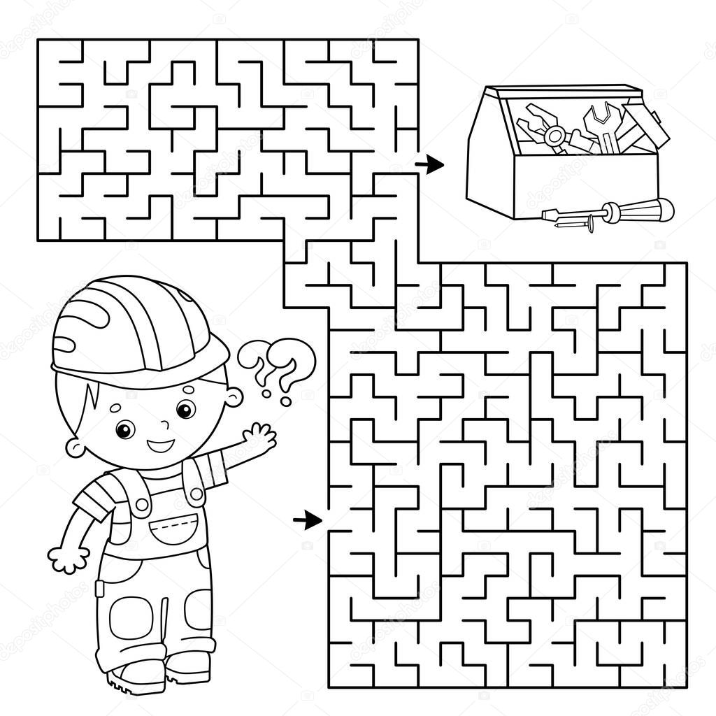 Maze or Labyrinth Game for Preschool Children. Puzzle. Coloring Page Outline Of Cartoon Worker with tools. Coloring book for kids.