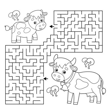 Labirent ya da Labirent Oyunu. Bulmaca. Küçük buzağıyla çizgi film ineğinin ana hatlarını boyamak. Yavrularıyla birlikte çiftlik hayvanları. Çocuklar için boyama kitabı.