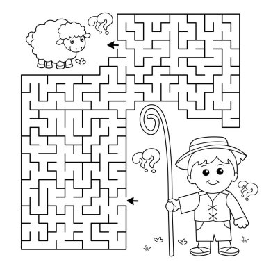 Labirent ya da Labirent Oyunu. Bulmaca. Çizgi film çobanı ve koyun sürüsünün ana hatları. Çiftlik hayvanları. Çocuklar için boyama kitabı.