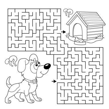 Labirent ya da Labirent Oyunu. Bulmaca. Köpek kulübesi ya da köpek kulübesi olan çizgi filmlerin ana hatları. Çocuklar için boyama kitabı.