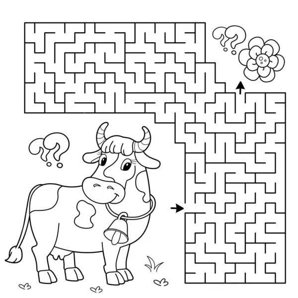 Labirinto Gioco Del Labirinto Puzzle Disegno Colorare Cartone Animato Mucca — Vettoriale Stock