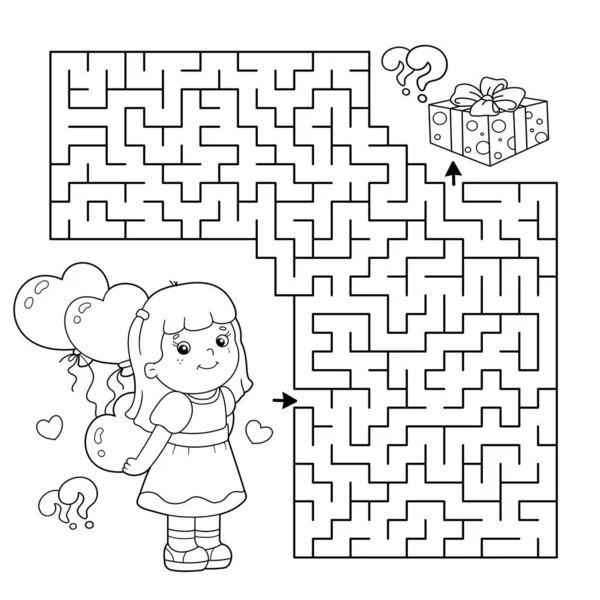 Maze Labyrinth Game Puzzle Coloring Page Outline Cartoon Girl Heart — Stock Vector