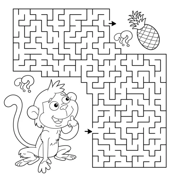 Maze Labyrinth Game Puzzle Coloring Page Outline Cartoon Little Monkey — Stock Vector