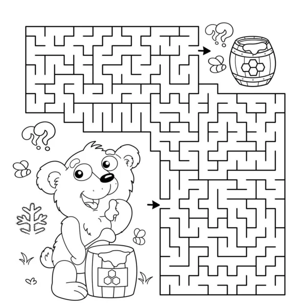 Maze Labyrinth Game Puzzle Coloring Page Outline Cartoon Little Bear — Stock Vector