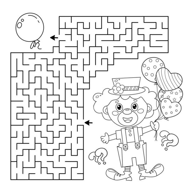 迷宫或迷宫游戏 彩色气球的卡通马戏团小丑的彩色页面轮廓 儿童彩色书 — 图库矢量图片