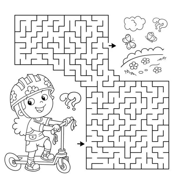 Maze Vagy Labirintus Játék Rejtvény Színező Oldal Vázlata Rajzfilm Lány — Stock Vector