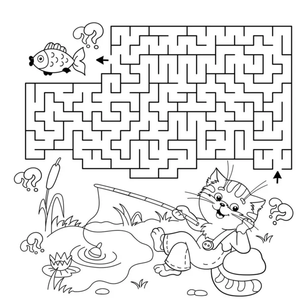 迷宫或迷宫游戏 用钓竿给卡通猫配色 有趣的渔夫 儿童彩色书 — 图库矢量图片