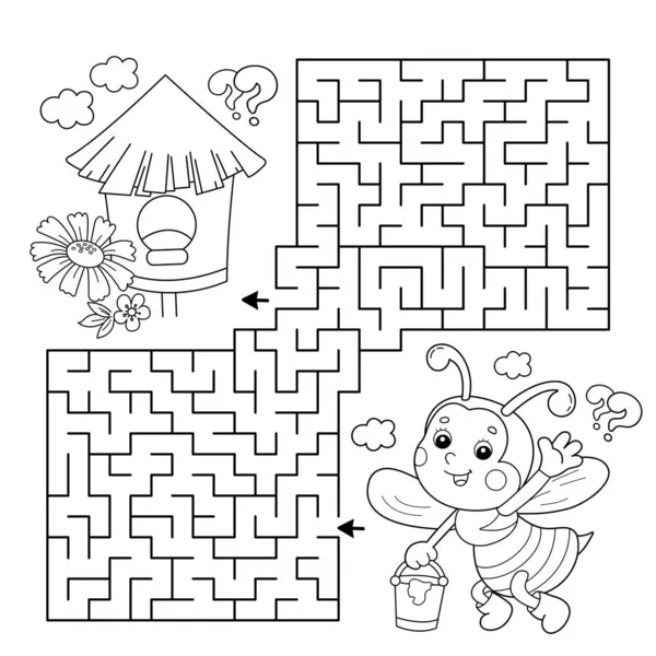 Maze Labyrinth Game Puzzle Coloring Page Outline Cartoon Little Bee — Stock Vector