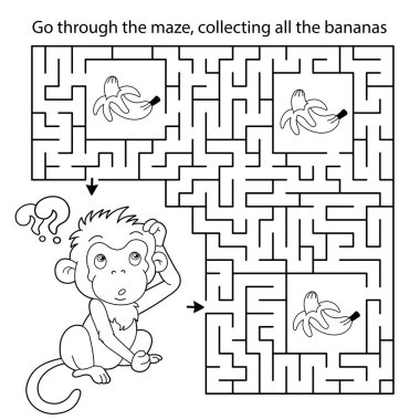 Labirent ya da Labirent Oyunu. Bulmaca. Çizgi filmdeki muzlu küçük maymunun ana hatlarını boyamak. Çocuklar için boyama kitabı.