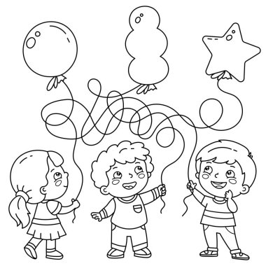 Labirent ya da Labirent Oyunu. Bulmaca. Karışık yol. Balonlu çizgi film çocuklarının ana hatlarını boyamak. Bil bakalım top kimde? Çocuklar için boyama kitabı.