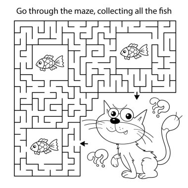 Labirent ya da Labirent Oyunu. Bulmaca. Balıklı çizgi film kedisinin ana hatlarını boyamak. Çocuklar için boyama kitabı.