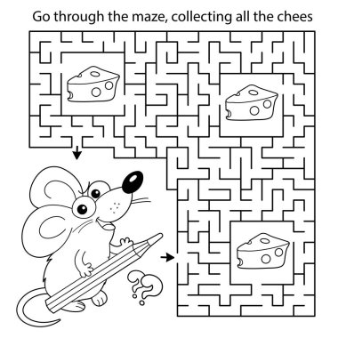 Labirent ya da Labirent Oyunu. Bulmaca. Çizgi film faresinin kalem ile ana hatlarını boyama. Tüm peynirleri toplayın. Çocuklar için boyama kitabı.