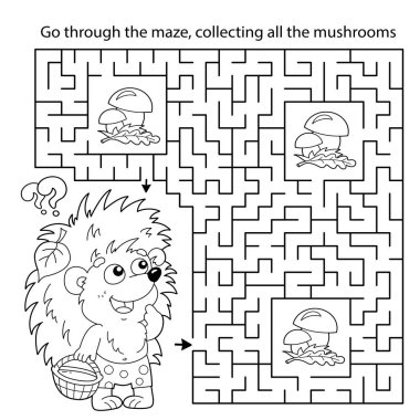 Labirent ya da Labirent Oyunu. Bulmaca. Mantar sepetli küçük kirpinin boyama sayfası. Çocuklar için boyama kitabı.