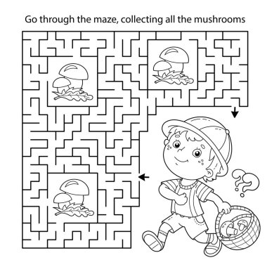 Labirent ya da Labirent Oyunu. Bulmaca. Çizgi filmdeki sepetli eğlenceli çocuğun ana hatlarını boyamak. Küçük mantar toplayıcısı. Çocuklar için boyama kitabı.