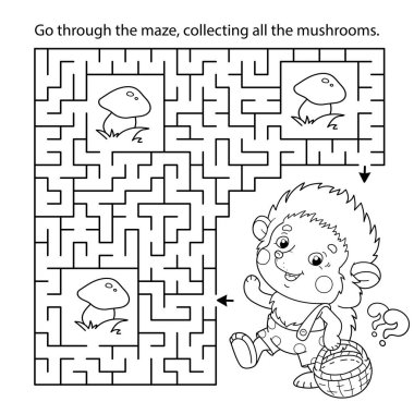 Labirent ya da Labirent Oyunu. Bulmaca. Mantar sepetli küçük kirpinin boyama sayfası. Çocuklar için boyama kitabı.