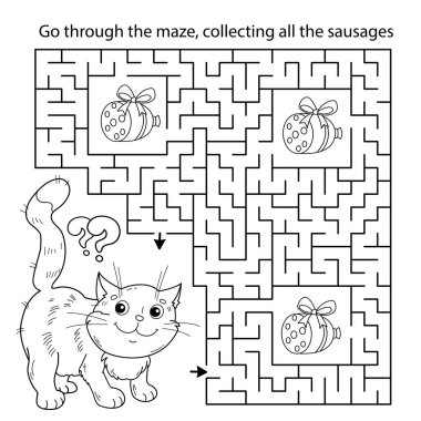 Labirent ya da Labirent Oyunu. Bulmaca. Sosisli çizgi film kedisinin boyama sayfası. Çocuklar için boyama kitabı.
