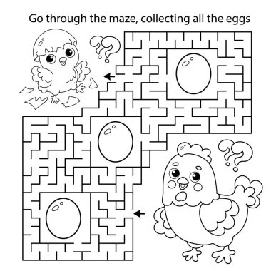 Labirent ya da Labirent Oyunu. Bulmaca. Çizgi filmdeki piliçlerin ana hatlarını boyamak. Çocuklar için boyama kitabı.