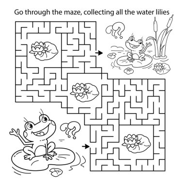 Labirent ya da Labirent Oyunu. Bulmaca. Çizgi film karakteri küçük kurbağaların ana hatları. İki eğlenceli arkadaş. Çocuklar için boyama kitabı.