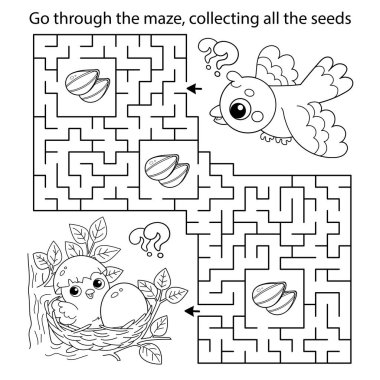 Labirent ya da Labirent Oyunu. Bulmaca. Yuvasında küçük civciv ve yumurta olan çizgi film kuşunun ana hatları. Çocuklar için boyama kitabı.