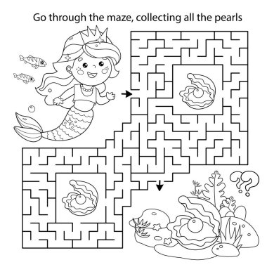 Labirent ya da Labirent Oyunu. Bulmaca. Çizgi filmin rengarenk sayfası. Güzel küçük denizkızı. Deniz Prensesi. Su altı dünyası. Çocuklar için boyama kitabı.