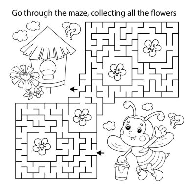 Labirent ya da Labirent Oyunu. Bulmaca. Çizgi filmin ana hatlarıyla boyama sayfasında bal kovası olan küçük bir arı. Bütün çiçekleri toplayın. Çocuklar için boyama kitabı.