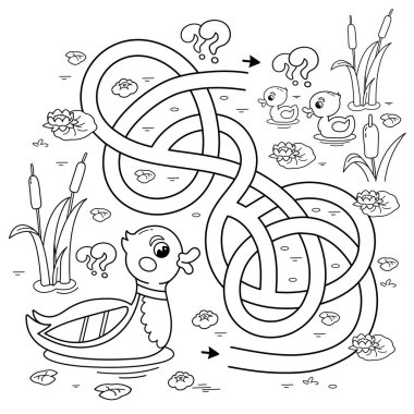 Labirent ya da Labirent Oyunu. Bulmaca. Karışık yol. Çizgi film ördeğinin boyama sayfasında küçük ördekler var. Çocuklar için boyama kitabı.