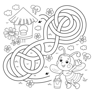 Labirent ya da Labirent Oyunu. Bulmaca. Karışık yol. Çizgi filmin ana hatlarıyla boyama sayfasında bal kovası olan küçük bir arı. Bütün çiçekleri toplayın. Çocuklar için boyama kitabı.