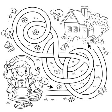Labirent ya da Labirent Oyunu. Bulmaca. Karışık yol. Çizgi film karakteri, elinde sepetle eve yürüyen tatlı bir kızın ana hatları. Küçük kırmızı başlıklı. Peri masalı. Çocuklar için boyama kitabı.