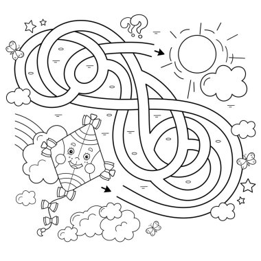 Labirent ya da Labirent Oyunu. Bulmaca. Karışık yol. Çizgi film çizgi filminin ana hatlarıyla gökyüzünde uçuşan uçurtma. Çocuklar için boyama kitabı.