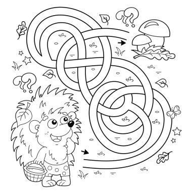 Labirent ya da Labirent Oyunu. Bulmaca. Karışık yol. Mantar sepetli küçük kirpinin boyama sayfası. Çocuklar için boyama kitabı.