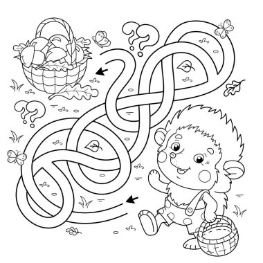 Labirent ya da Labirent Oyunu. Bulmaca. Karışık yol. Mantar sepetli küçük kirpinin boyama sayfası. Çocuklar için boyama kitabı.