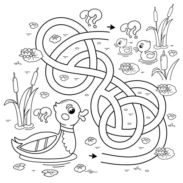 Maze Labyrinth Game Puzzle Tangled Road Coloring Page Outline Cartoon — Stock Vector