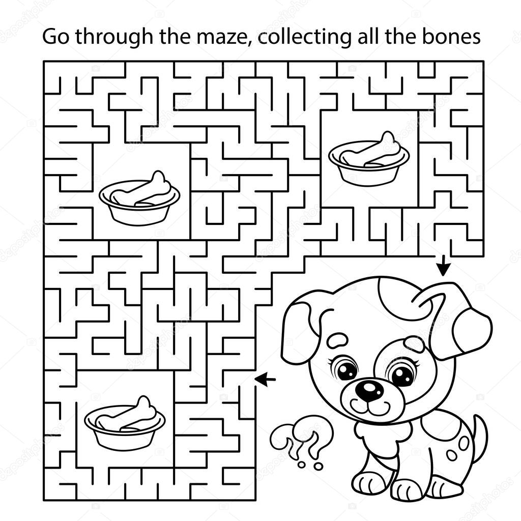Maze or Labyrinth Game. Puzzle. Coloring Page Outline Of cartoon little dog with bone. Puppy. Coloring book for kids.