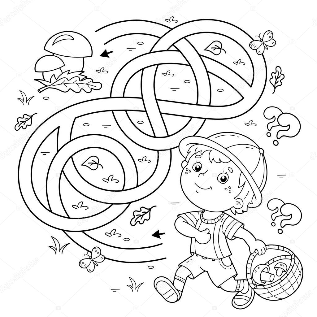 Maze or Labyrinth Game. Puzzle. Tangled road. Coloring Page Outline Of cartoon fun boy with basket. Little mushroom picker. Coloring book for kids.