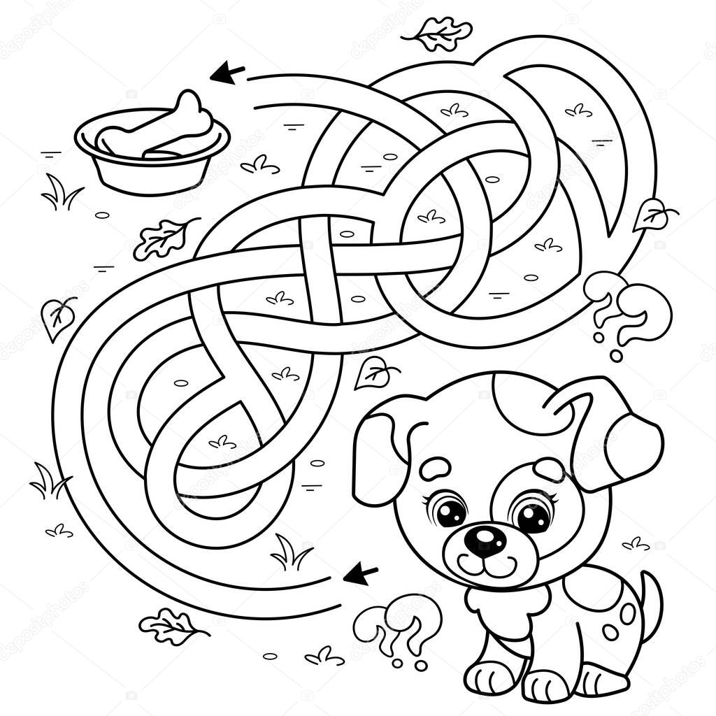 Maze or Labyrinth Game. Puzzle. Tangled road. Coloring Page Outline Of cartoon little dog with bone. Puppy. Coloring book for kids.