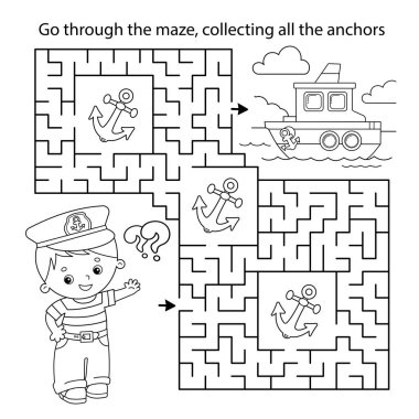 Labirent ya da Labirent Oyunu. Bulmaca. Geminin yanındaki karikatür denizcisinin boyama sayfası. Mesleğiniz. Çocuklar için boyama kitabı. Çocuklar için boyama kitabı.