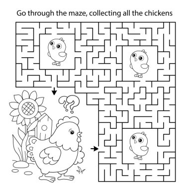 Labirent ya da Labirent Oyunu. Bulmaca. Çizgi filmdeki piliçlerin ana hatlarını boyamak. Çocuklar için boyama kitabı.