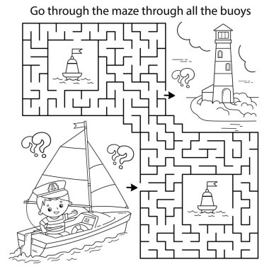 Labirent ya da Labirent Oyunu. Bulmaca. Denizciyle karikatür yelkenli gemisinin rengarenk sayfası. Mesleğiniz. Çocuklar için boyama kitabı. Çocuklar için boyama kitabı.