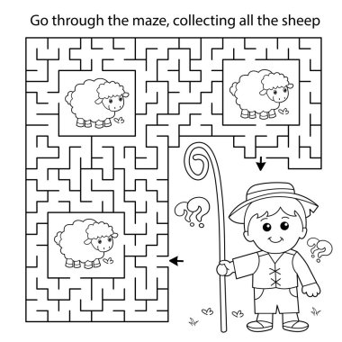 Labirent ya da Labirent Oyunu. Bulmaca. Çizgi film çobanı ve koyun sürüsünün ana hatları. Çiftlik hayvanları. Çocuklar için boyama kitabı.
