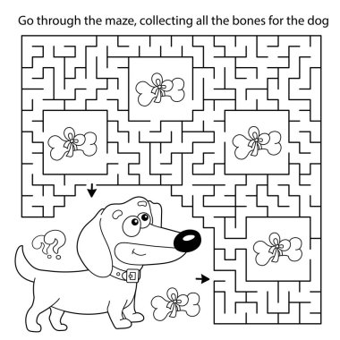 Labirent ya da Labirent Oyunu. Bulmaca. Kemikli küçük bir köpeğin boyama sayfası. Dachshund köpeği. Çocuklar için boyama kitabı.