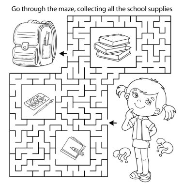 Labirent ya da Labirent Oyunu. Bulmaca. Okul malzemeleriyle çizgi film kızlarının ana hatlarını boyamak. Çocuklar için boyama kitabı.