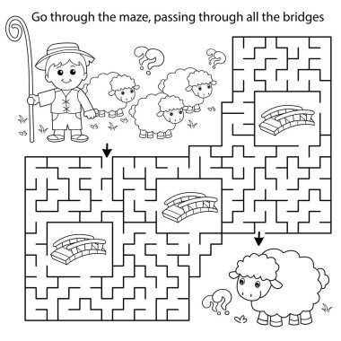 Labirent ya da Labirent Oyunu. Bulmaca. Çizgi film çobanı ve koyun sürüsünün ana hatları. Çiftlik hayvanları. Çocuklar için boyama kitabı.