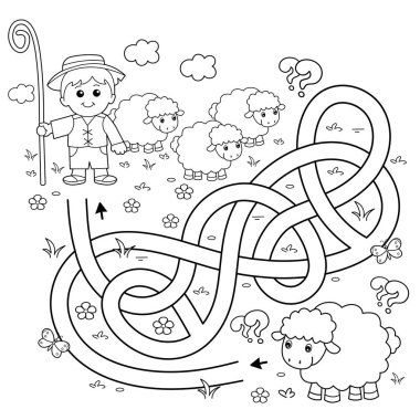 Labirent ya da Labirent Oyunu. Bulmaca. Karışık yol. Çizgi film çobanı ve koyun sürüsünün ana hatları. Çiftlik hayvanları. Çocuklar için boyama kitabı.