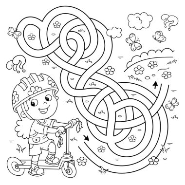 Labirent ya da Labirent Oyunu. Bulmaca. Karışık yol. Scooter 'ı olan çizgi film kızlarının ana hatlarını boyamak. Spor aktivitesi. Çocuklar için boyama kitabı.