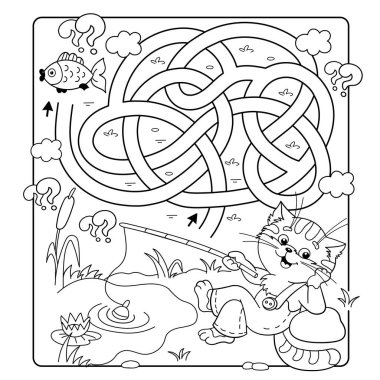Labirent ya da Labirent Oyunu. Bulmaca. Karışık yol. Olta kamışlı çizgi film kedisinin ana hatlarını boyamak. Eğlenceli balıkçı. Çocuklar için boyama kitabı.